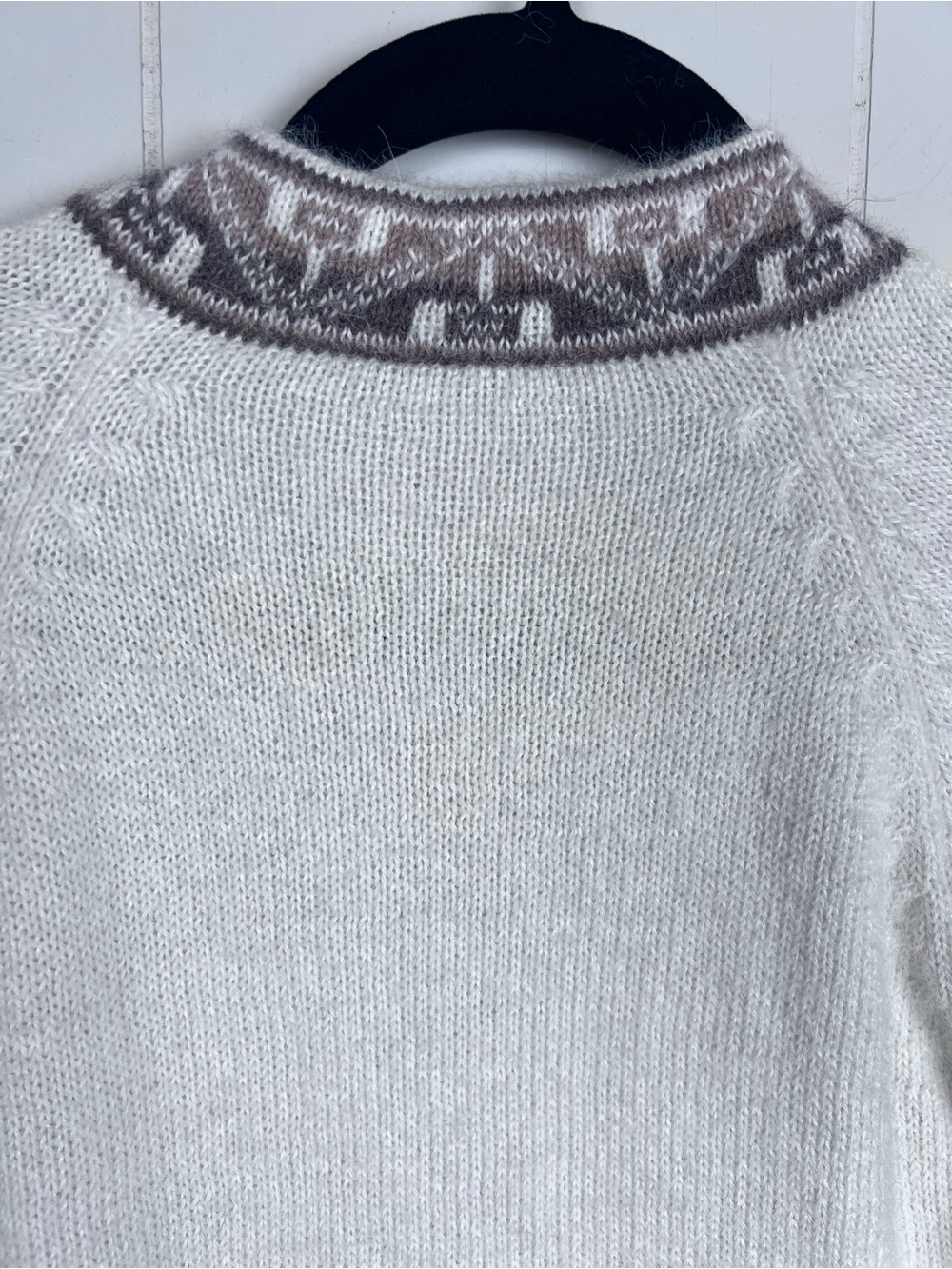 Peruvian Alpaca Knit Sweater Women's Ivory Cream with Geometric Patterned Trim - Picture 6 of 14
